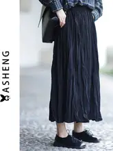 春秋用 皺加工黒ロングスカート【Aライン・ハイウエスト・膝下丈】