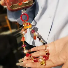 水晶金珠の招財猫スマホストラップ【独特なデザイン・軽やかで上品・短め】