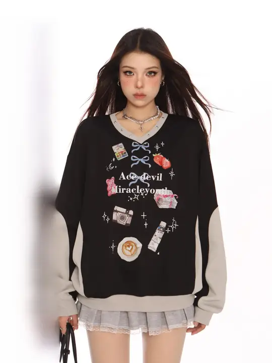 BIGGOLD カジュアルデザイン ボウタイVネックスウェットシャツ【女性用・秋冬・カートゥーンプリント】