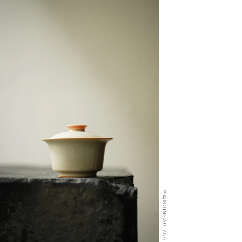 清物堂 手作り陶器 蓋付き茶碗【淡黄色の釉薬・景徳鎮製・茶器】