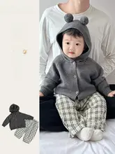 春用ベビーウェア【男の子・かわいい・ニットフード付きカーディガン・チェックパンツ・トレンディ】（セットアップ対応）