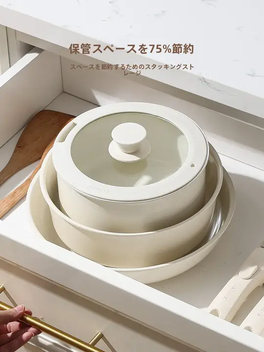 CAROTE 陶器製の取り外し可能なハンドル付きフライパン【家庭用・非粘着・煮込み料理対応】（セットアップ対応）