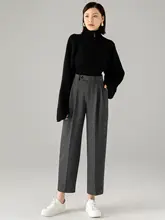 ストライプデザインのハイウエストテーパードパンツ【レディース・ウール混・春秋用・9分丈】