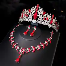 全金の赤い花嫁用クラウンヘッドアクセサリー【ネックレス・イヤリング・三点仕様】（セットアップ対応）