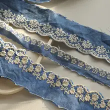 純綿デニムブルー花型刺繍レース【小さなデイジー刺繍】
