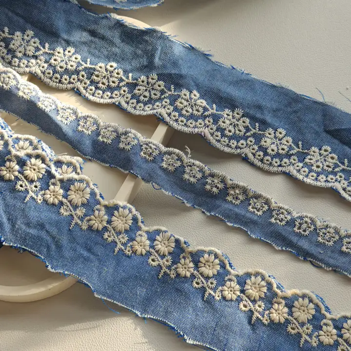 純綿デニムブルー花型刺繍レース【小さなデイジー刺繍】
