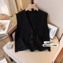 黒のVネックツイストニットベスト【秋用・大きいサイズ・重ね着対応】