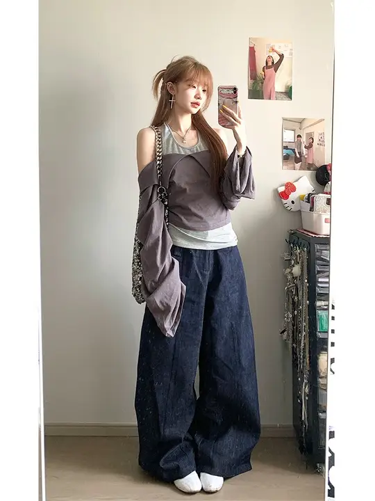 ヴィンテージカラーデニムパンツ【ゆったりシルエット・ハイウエスト・ワイドレッグ・ロング】（セットアップ対応）