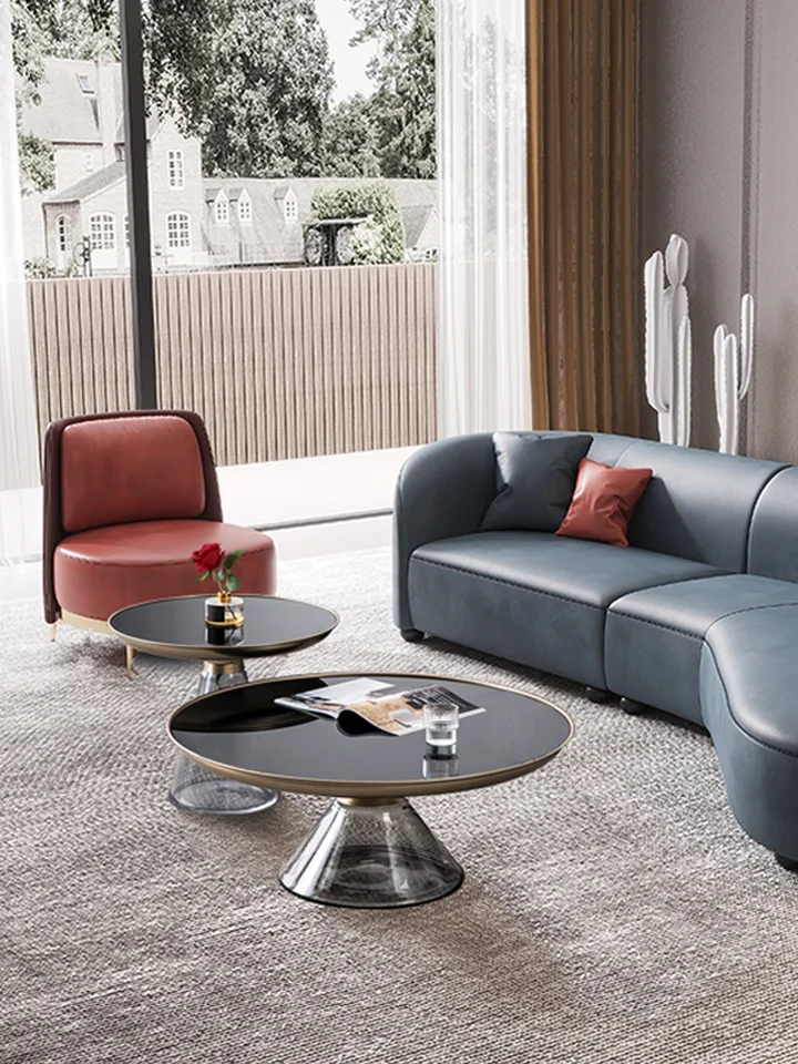 モダンデザインのガラス製金属円形テーブル【グレー・小型・リビング・寝室用】（セットアップ対応）