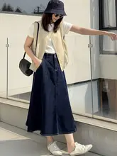 高腰デニムAラインスカート【三醋酸素材・色落ちしにくい・カジュアルデザイン】