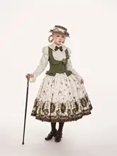 優雅なレトロデザイン！小熊とぶどうプリントのロリータスタイル 半袖シャツとスカートの組み合わせ（セットアップ対応）