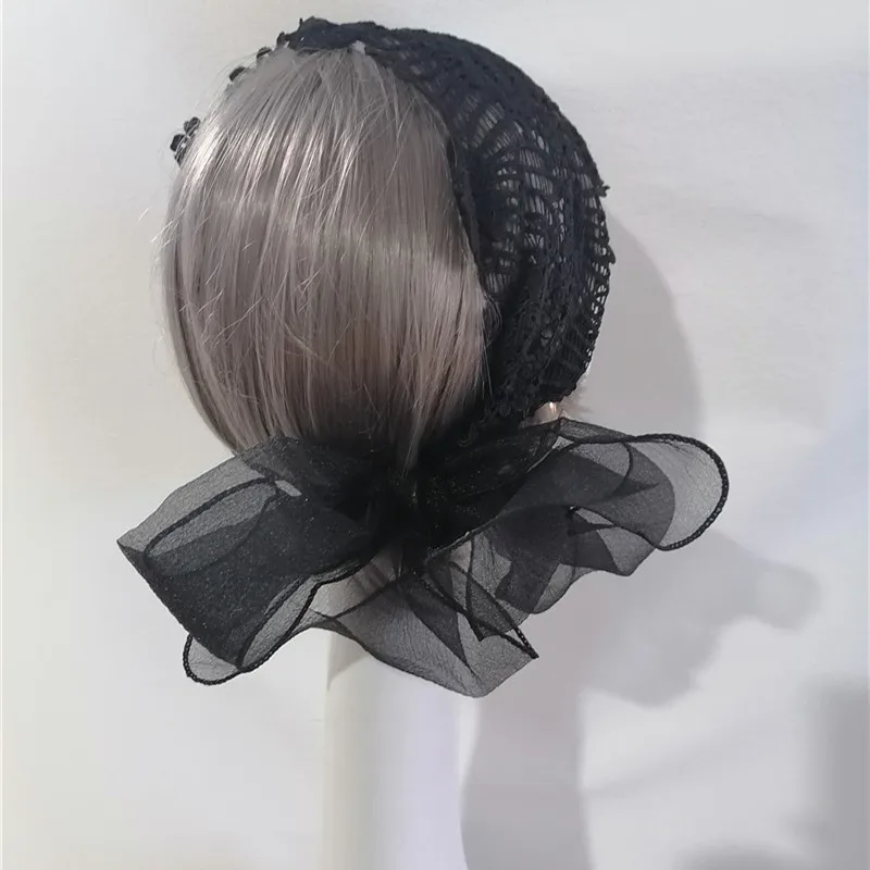 レトロデザインの黒いレース幅広ヘアバンド：白髪隠しに最適なオリジナルデザインのヘアキャップ