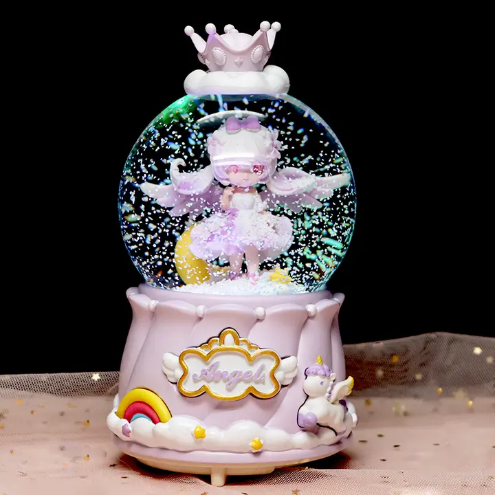 雪の舞うロマンティックな天使の水晶球音楽ボックス【デスクトップ飾り・女児の誕生日プレゼント】