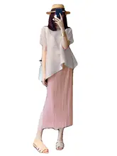 夏用スリムフィットのピンクのチュニックスカート【リブデザイン・ハイウエスト・スリット入り】