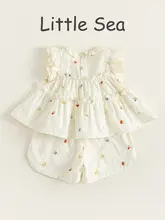 夏用 女の子向け可愛いフリル付きドット柄トップスとショートパンツ（セットアップ対応）