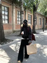 感漂うブラック加絨ワイドパンツ【秋冬用・微喇デザイン・女性用】