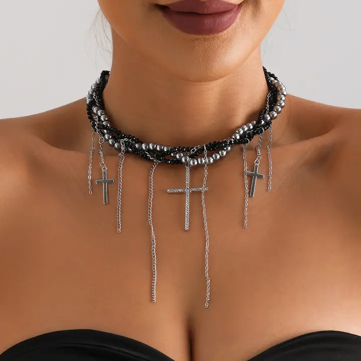 多層チェーン風パール巻きフリンジ吊り下げネックレス【クロスデザイン・セクシーな鎖骨チェーン】