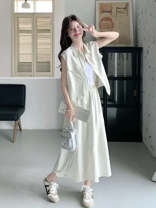 デザイン性のあるベストとスカート【夏用・工業スタイル・韓国風・美しいシルエット】（セットアップ対応）
