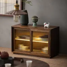 高級感のあるウォールナット製引き戸収納キャビネット【シンプルデザイン・茶室用】