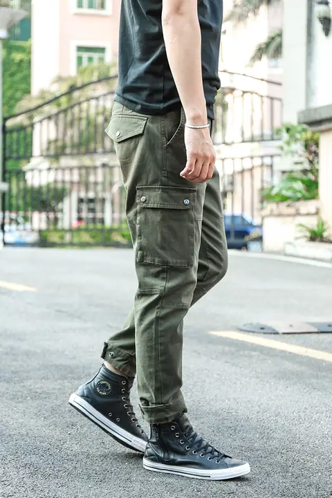 TickTock メンズ ストレッチ工装パンツ【スリムフィット・ウォッシュ加工・多ポケット・厚手・束脚デザイン】