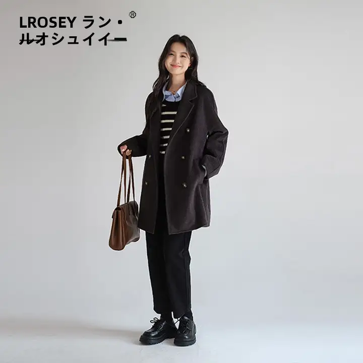 シンプルなダブルボタンのコート【大きいサイズ・ウール混・冬用】