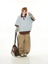 おしゃれなチェックとストライプのポロ襟Tシャツ【春秋用・ルーズフィット・偽二重デザイン】（セットアップ対応）