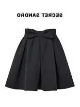ハイウエストAライン黒スカート【フリル付き・夏用・リボンデザイン】（セットアップ対応）
