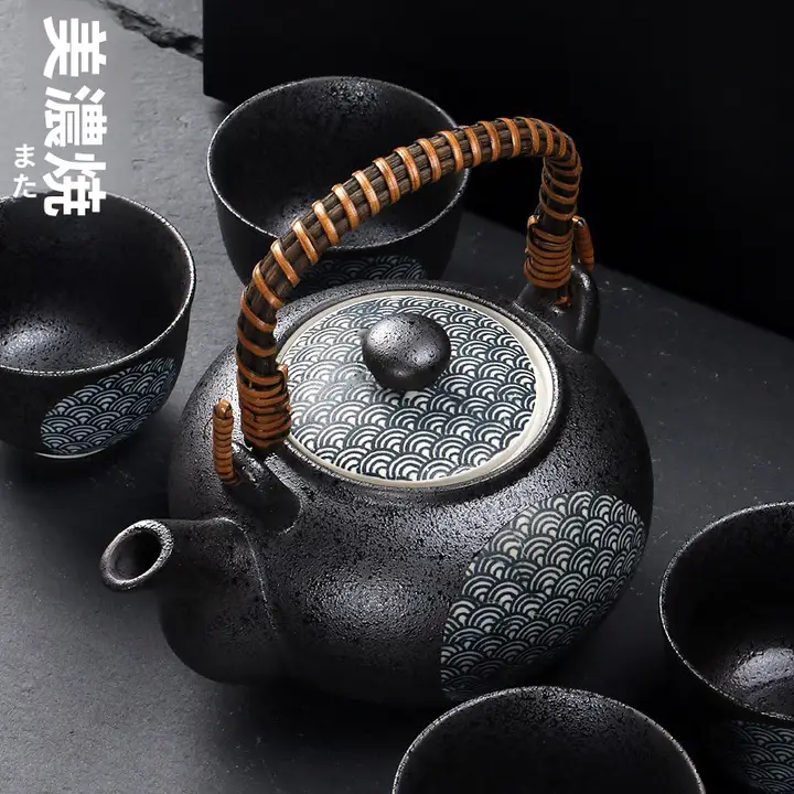 美濃焼 海波模様 ティーポットとカップ4個セット【天目釉・油滴工芸・ギフトボックス入り】（セットアップ対応）