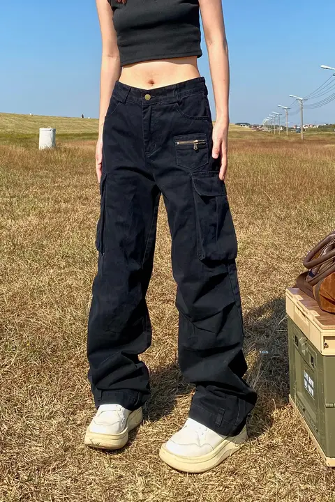 apocket レディースシンプルストレートワークパンツ【カジュアルデザイン・多ポケット・ゆったりフィット】
