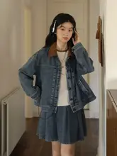デニムジャケット ミニスカート 2点セット レディース コーデュロイ襟 パッチワーク ブルー ヴィンテージ 秋 「Nesoulum」