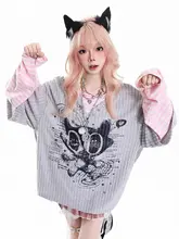 ストライプ切り替えデザインの長袖Tシャツ【春用・ゆったり・Y2Kスタイル】（セットアップ対応）
