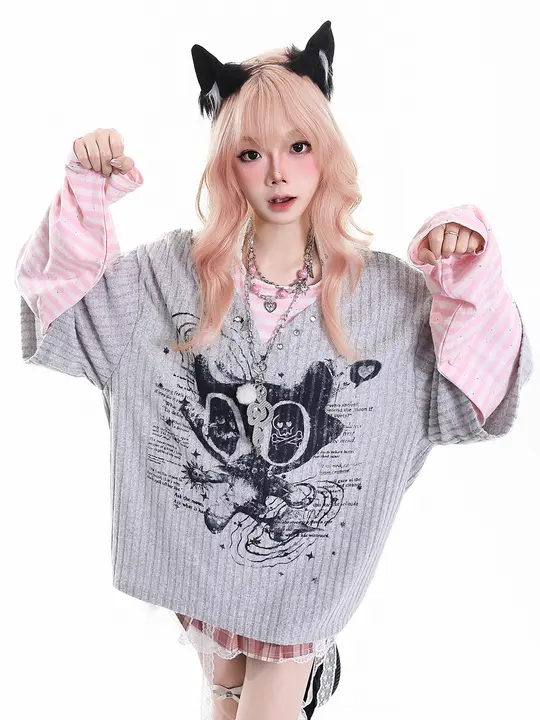 ストライプ切り替えデザインの長袖Tシャツ【春用・ゆったり・Y2Kスタイル】（セットアップ対応）