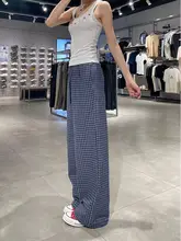 高身長向け ブルーチェック柄 夏用軽量ストレートパンツ【極上の柔らかさ・ワイドレッグ】