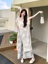 高級感のある中華風刺繍プリントブラウス【フィット・女性用】とワイドパンツ（セットアップ対応）