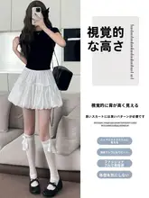白色花苞デザインのハイウエストショートパンツ【夏用・可愛いリボン付き・ボリューム感のあるスカートパンツ】（セットアップ対応）