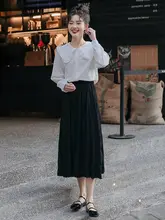 高腰ブラックプリーツスカート【フレンチデザイン・Aライン・レディース・秋用】