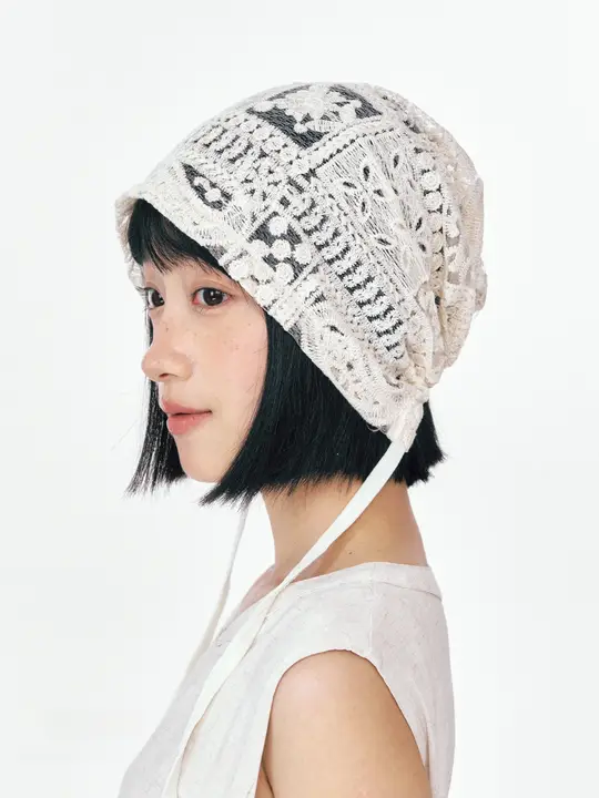 ニットキャップ レディース レース 透け感 紐付き 薄手 スロウーニー フレンチ風 おしゃれ 春夏「ZHIWU」