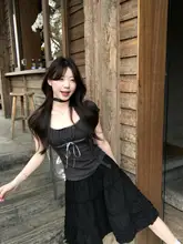 可愛いデザインの黒ドットバブルスリーブブラウス【フリル装飾・Aラインスカート】（セットアップ対応）