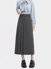 大きいサイズ グレー 濃紺色スーツ スカート【プリーツ・ハイウエスト・不規則Aライン・ミディ丈】（セットアップ対応）