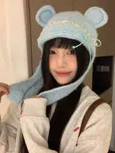 かわいいレースリボン付きクマ耳帽子【秋冬用・タートルネック・編み模様】