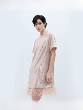ラメ付きオーストリッチファー取り外し可能なストレートH型短袖ドレス【結婚式やパーティー用・ピンク】