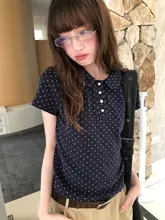 甘美なデザインのドールカラーTシャツ【ポロ襟・ドット柄・ショートスリーブ】
