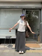ストライプデザインのロングスカート【カジュアル・リボン付き・フレアシルエット・ボディラインを美しく見せる】