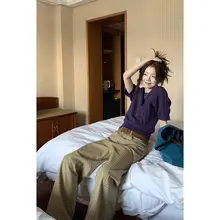 レトロデザインの紫色ツイスト編み半袖ニットセーター【ラウンドネック・スリムフィット】