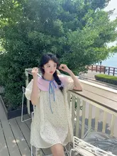 春用の甘美なデザインのラフなワンピース【カラーコントラスト・ドローストリング・襟付き】