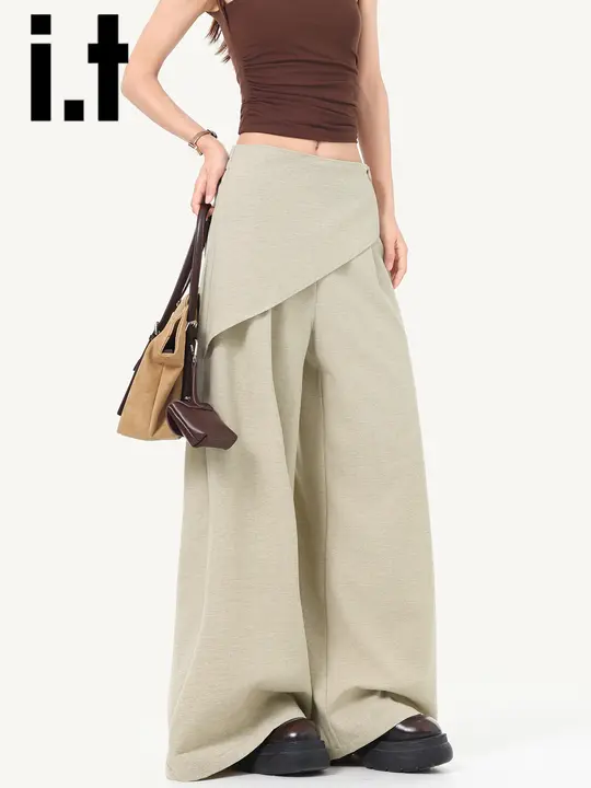 ワイドパンツ レディース カーキ ハイウエスト ストレート ドレープ 後ろ飾り 秋「CHOCOOLATE」