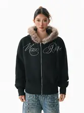 美式潮流 ラインストーンロゴ付き フード付きパーカー【冬用・ジップアップデザイン】