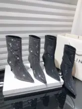 水晶装飾入りブラックエラスタインスリムブーツ【フレンチスタイル・ポインテッドトゥ・細いヒール】