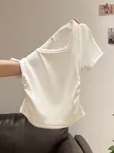 女性用アーチヘムウエスト絞り短袖Tシャツ【夏用・フレンチスタイル・スクエアネック】