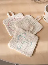シンプルラインの刺繍コースター【アップルとバードデザイン・滑り止め・吸水性】